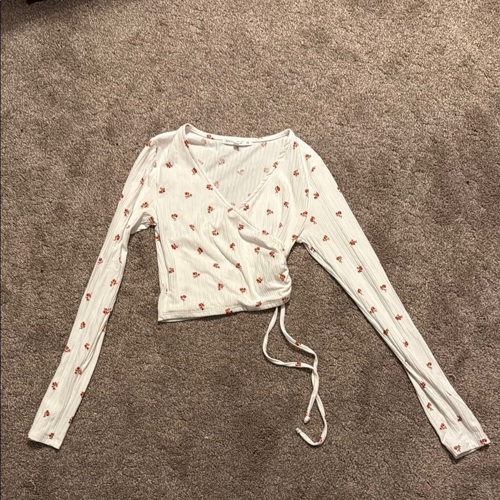 Floral Wrap Long Sleeve Top - White